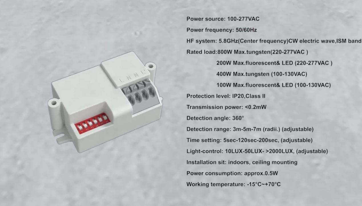 PDLUX Melancarkan PD-MV1031-5.8GHz 360 ° Sensor gerakan gelombang mikro untuk pencahayaan & keselamatan pintar